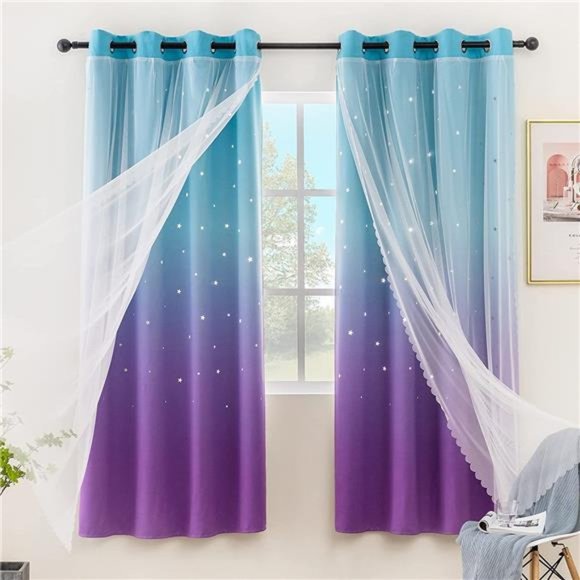 Cutout Curtains for Girls Bedroom 2 Panels, 2 in 1 Light Blocking Blackout - Picture 1 of 6